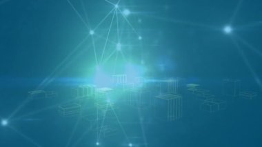 Animation of network of connections over 3d cityscape spinning on blue background. global connections and development concept digitally generated video.