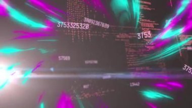 Animation of digital programming language and numbers with abstract patterns moving in loop. Hologram, digitally generated, multiple exposure, database, coding, futuristic and technology.