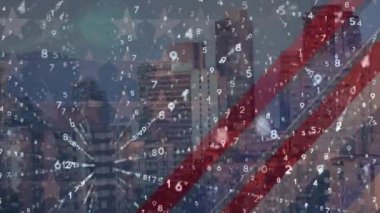 Composite video of binary coding data processing against tall buildings in background. computer interface and technology concept