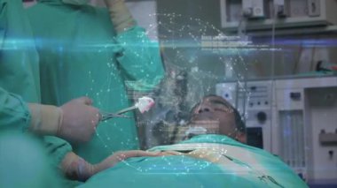 Animation of connections with globe over team of diverse surgeons and patient during operation. Health, medicine, connections and technology concept digitally generated video.