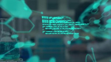 Animation of digital brain, molecules and data processing over caucasian scientist in lab. global science, computing and digital interface concept digitally generated video.