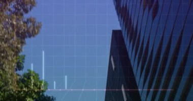 Animation of graphs over office building. Global network, connections, communication, data processing, finance and technology concept digitally generated video.