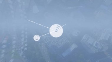 Animation of wireless network icons connecting with lines over aerial view of city. Digital composite, multiple exposure, connect the dots, telecommunication, marketing, networking, cloud computing.