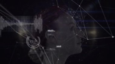 Animation of network of connections and woman head globe over dark background. global connections, business, digital interface, technology and networking concept digitally generated video.