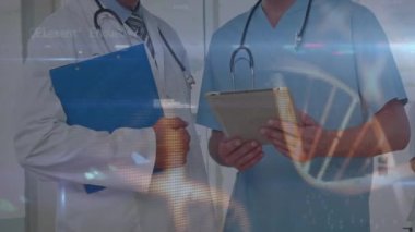 Animation of data processing over midsection of caucasian male doctors. Health, medicine and technology concept digitally generated video.