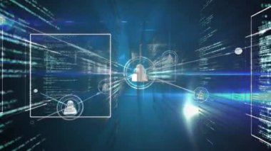 Animation of network of connections over data processing on screens. Global science, connections, data processing and digital interface concept digitally generated video.
