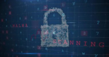 Animation of security warning text and padlock over data processing on dark background. Global communication, business, data security and digital interface concept digitally generated video.