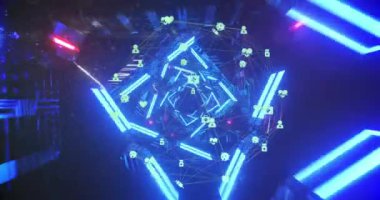 Animation of neon geometrical shapes and falling icons over dark background. Global connections, data processing and digital interface concept digitally generated video.