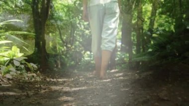 Composite video of forest pathway against rear view of woman walking in the forest. nature concept