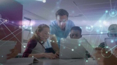 Animation of network of connections over students in classroom. education and learning concept digitally generated video.