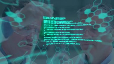 Animation of molecules and data processing over diverse scientists in lab. global science, computing and digital interface concept digitally generated video.