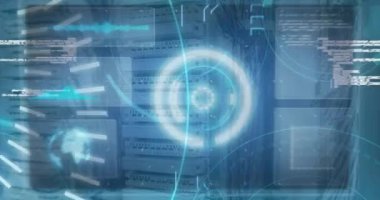 Animation of digital interface over server room. Global business, finances, data processing and digital interface concept digitally generated video.