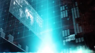 Animation of data processing and scope scanning over cityscape. Global technology, computing and digital interface concept digitally generated video.