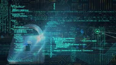 Animation of computer language, bar graph, dots connecting lines moving over graphical circuit board. Digitally generated, multiple exposure, connection, futuristic, data and network security.