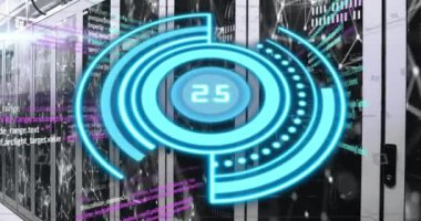 Animation of blue circle with numbers over servers. Computers, data processing and technology concept digitally generated video.