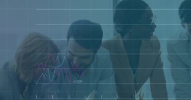 Animation of financial data processing over diverse business people. global business, finances and digital interface concept digitally generated video.