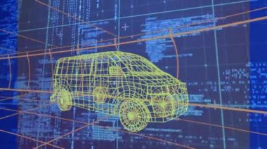 Animation of vehicle with graphical user interface moving against programming data and grid pattern. Digitally generated, multiple exposure, automobile, futuristic technology, artificial intelligence.