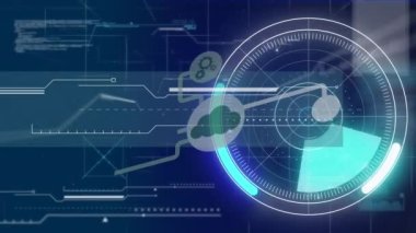 Animation of digital screen with diverse data, radar and tech icons. Data processing, network, connections and digital interface concept digitally generated video.