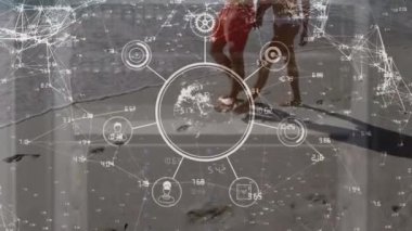 Globe with icons, numbers connecting dots animated with caucasian couple walking at beach. Digital composite, multiple exposure, digital interface, technology, global science, wellbeing, togetherness