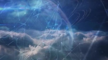 Animation of network of connections and globe over sky with clouds. global connections, computing and digital interface concept digitally generated video.