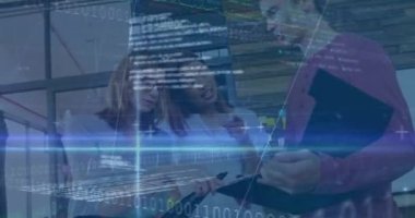 Animation of financial data processing over businesses people. global business, finances, data processing and digital interface concept digitally generated video.