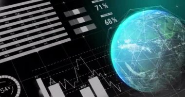 Animation of data processing and network of connections over globe on black background. Global technology, computing and digital interface concept digitally generated video.