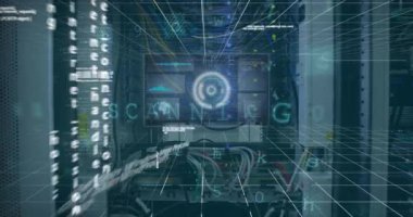 Animation of digital scope over server room. Global science, connections, data processing and digital interface concept digitally generated video.