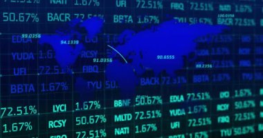 Animation of digital screen with world map, financial data and graphs. Global finance, economy and technology concept digitally generated video.