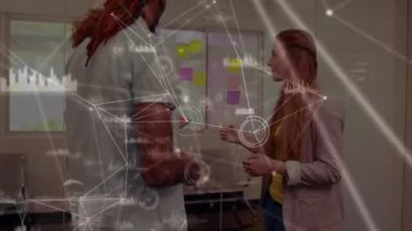 Animation of network of connections over diverse students. global education, connections, networks and communication concept digitally generated video.