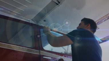 Animation of network of connections over caucasian plain pilot. Global science, connections, data processing and digital interface concept digitally generated video.