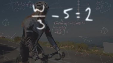 Animation of mathematical equations over caucasian woman riding bike. Global sport, computing and digital interface concept digitally generated video.