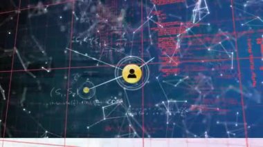 Mavi arka planda veri işleme ve simgelerin canlandırılması. küresel iş ve dijital arayüz kavramı dijital olarak oluşturulmuş video.