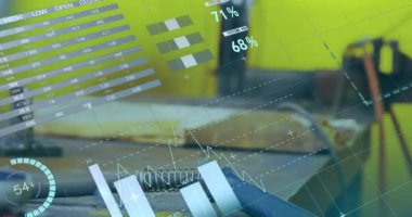 Animation of statistics and data processing over machinery in factory. Industry, development and data processing concept digitally generated video.