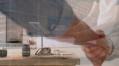 Animation of caucasian partners shaking hands, businesswoman with digital tablet, data in background. Digital composite, multiple exposure, technology, meeting, agreement, development, data, business