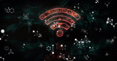 Animation of molecules over wifi icon with computer circuit board on black background. Global technology, computing and digital interface concept digitally generated video.