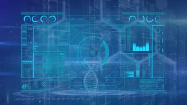 Mavi arkaplanda veri işleme animasyonu. Küresel bilim, bağlantılar, veri işleme ve dijital arayüz kavramı dijital olarak oluşturulmuş video.