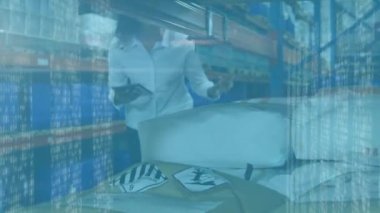 Animation of data processing over african american female warehouse worker. Business, finance and delivery services concept digitally generated video.