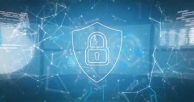 Animation of padlock, globe over communication network and data processing. Global communication, business, data security and digital interface concept digitally generated video.