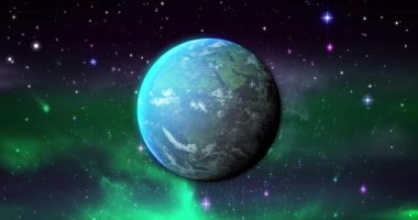 Animation of blue planet over violet and green space with stars. Planets, cosmos and universe concept digitally generated video.