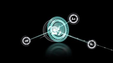 Animation of network of connections with icons over clock. Global business and digital interface concept digitally generated video.