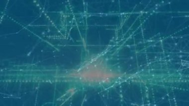 Animation of network of connections over 3d construction spinning on blue background. global connections and development concept digitally generated video.