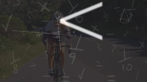 Animation Mathematical Equations Caucasian Woman Riding Bike Global Sport Computing — Stockvideo