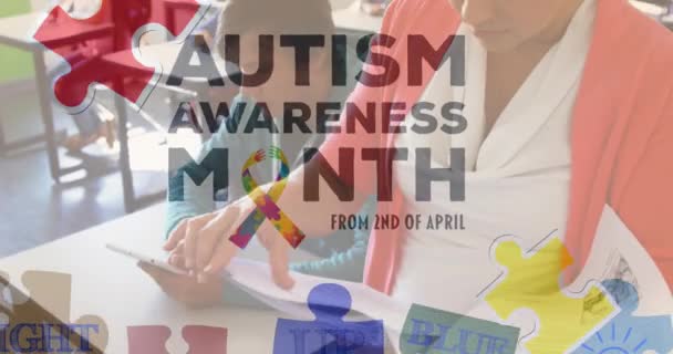 Animation Autism Awareness Month Text Diverse Schoolchildren Teacher Using Tablet — Vídeos de Stock