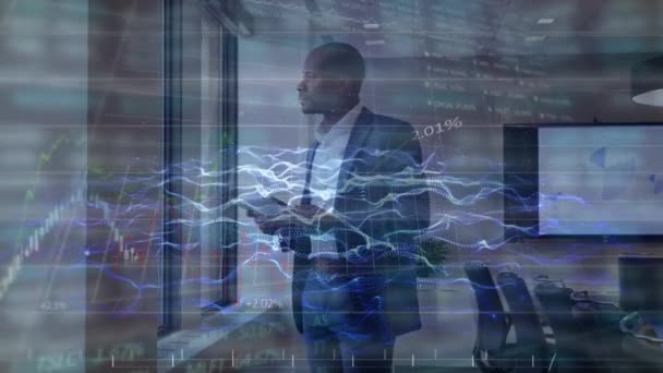 Animation Financial Data Processing African American Man Using Tablet Global — Αρχείο Βίντεο