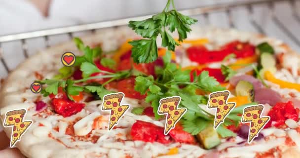 Multiple Red Heart Pizza Slice Icons Close Pizza Grey Surface — Stok Video