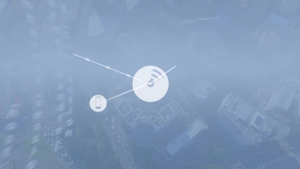 Animation Wireless Network Icons Connecting Lines Aerial View City Digital — Vídeo de Stock