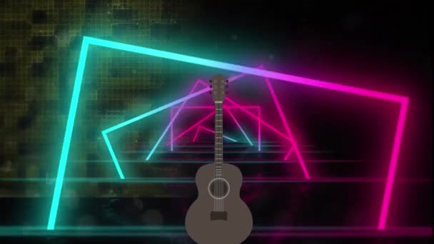 Animation Guitar Geometrical Neon Shapes Dark Background Music Entertainment Technology — Stock video