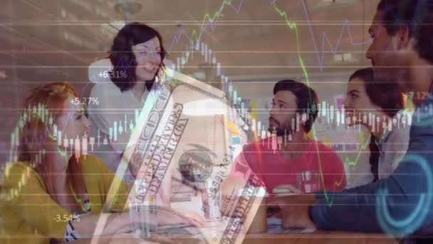 Animation Dollar Note Graphic Data Caucasian Colleagues Shaking Hands Meeting — Vídeo de Stock