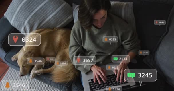 Digital Icons Speech Bubbles Caucasian Woman Using Laptop While Dog — Stock video