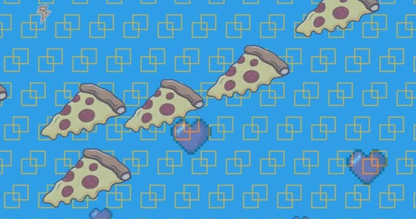 Multiple Red Heart Pizza Slice Icons Blue Background National Pizza — Stok Video